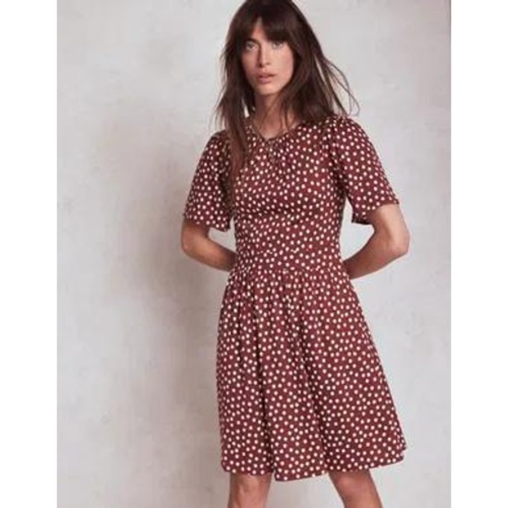 BODEN Louisa Short Jersey Dress Burgundy Polka Dot Short Sleeve US 6P Petite